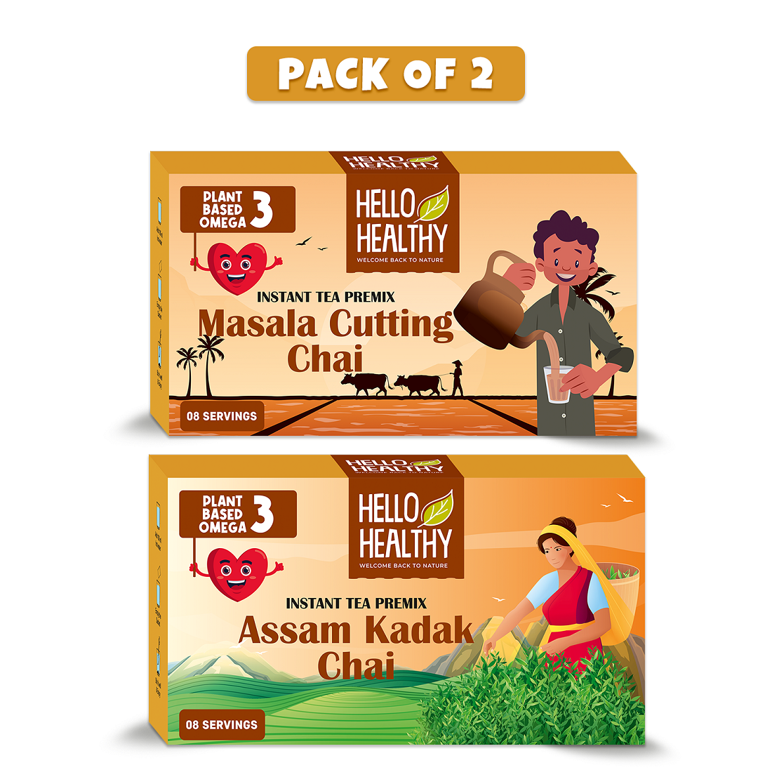 Hello Healthy Masala Cutting & Kadak Assam Chai Bold and Aromatic Flavours Get Authentic Taste Tulsi, Cardamom, Cinnamon, Ginger Black Tea Bags Box