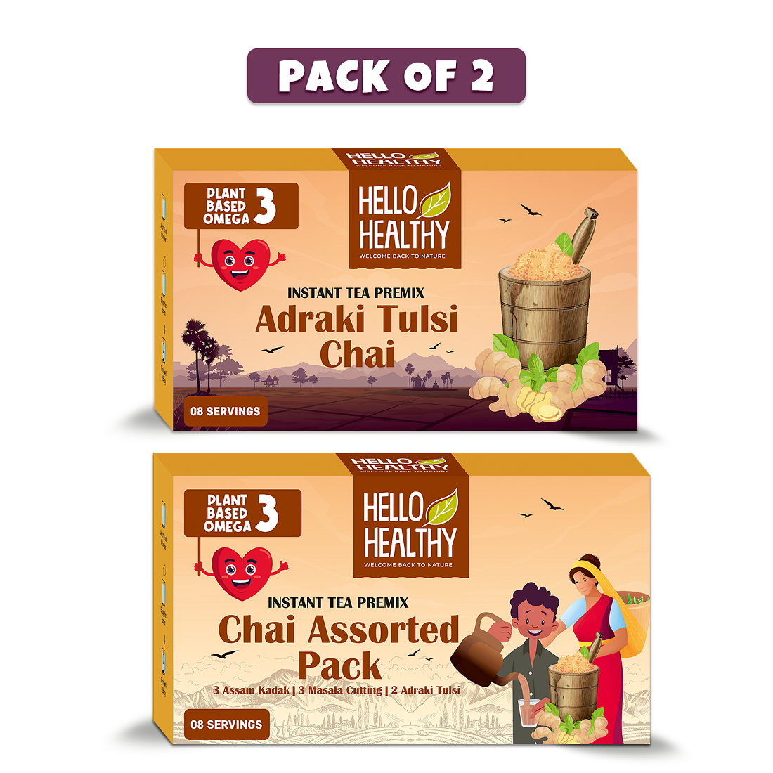 Hello Healthy Adraki Tulsi & Kadak Assam Masala Cutting Chai Assorted Pack Refreshing Flavour Tulsi, Assorted, Ginger Black Tea Bags Box  Pack of 2 Box (2 x 8 Bags)