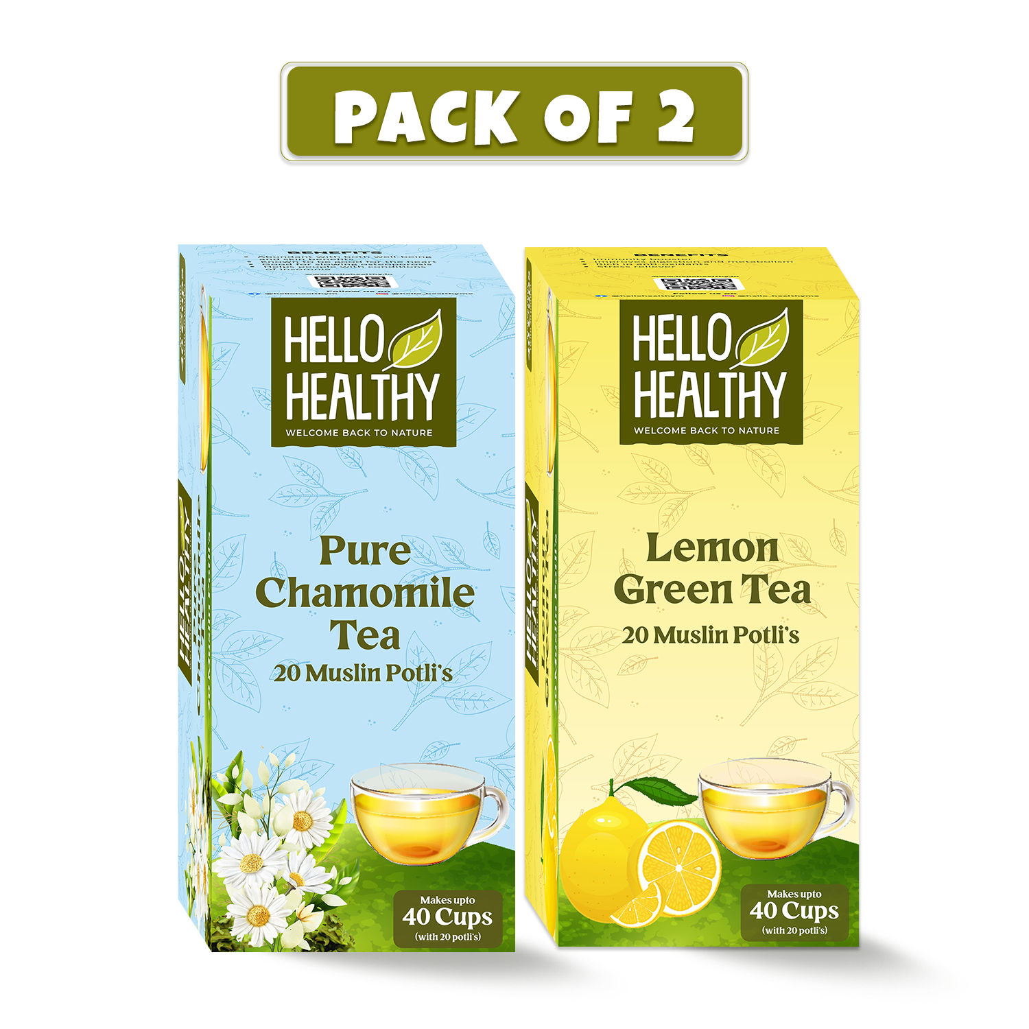 Hello Healthy 100% Pure Chamomile & Lemon Green Tea Pack of 2 for weight loss and stress relief Lemon, Chamomile Green Tea Bags Box  (2 x 20 Bags)