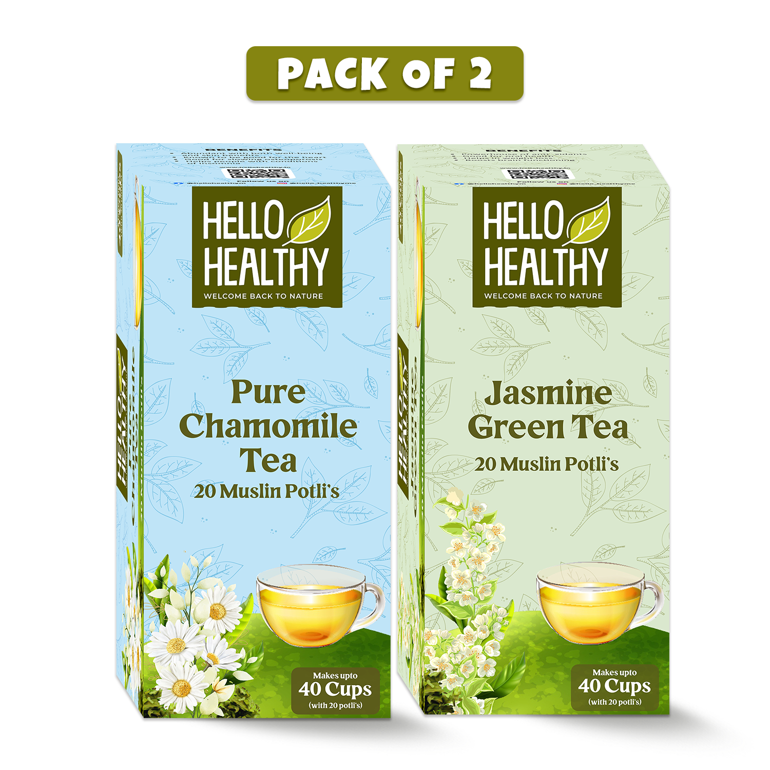 Hello Healthy Pure Chamomile & Jasmine Green Tea Combo for weight loss and stress relief Honey, Lemon, Chamomile Green Tea Bags Pack of 2 Box  (2 x 20 Bags)