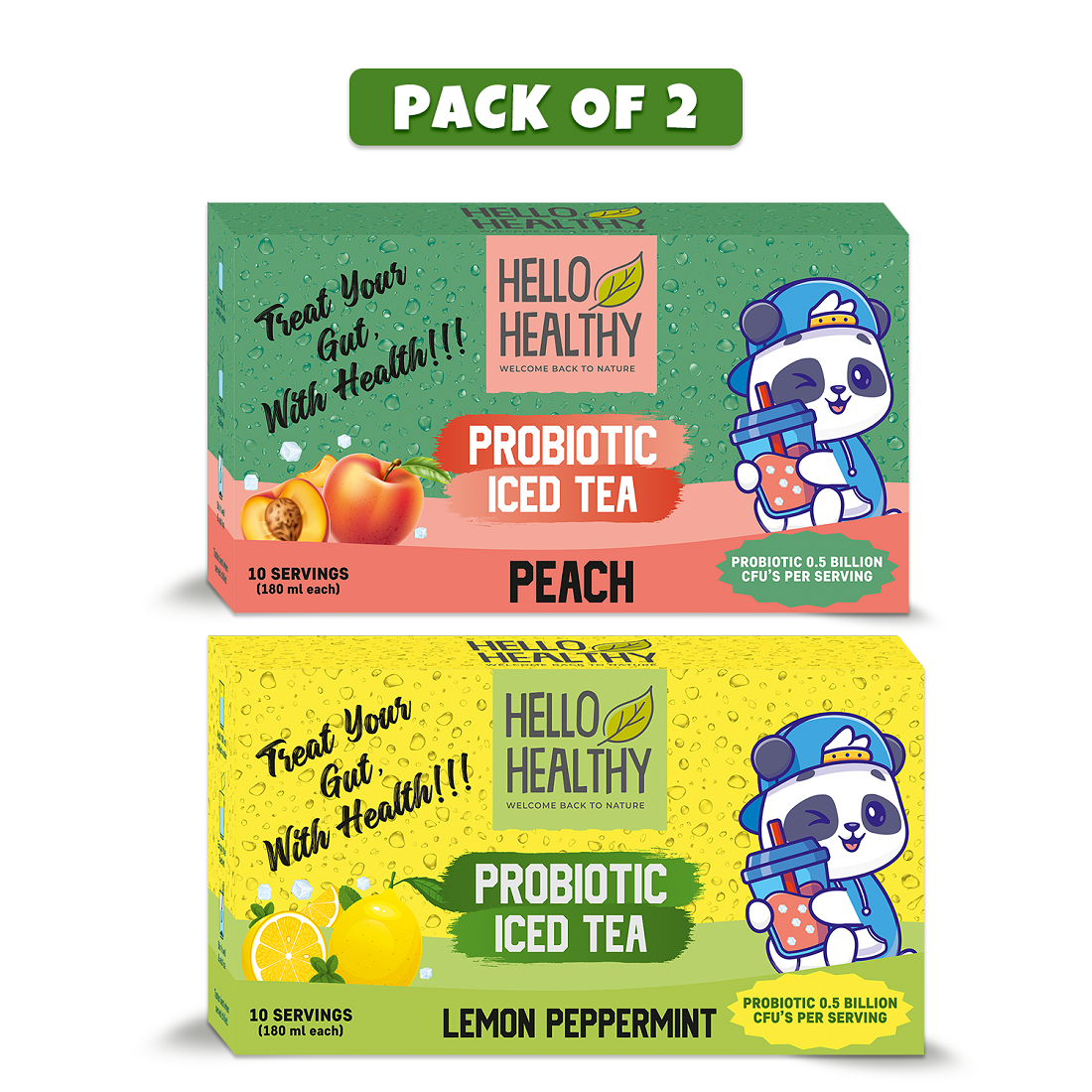Hello Healthy Probiotic Peach & Lemon Peppermint Iced Tea Pack of 2 Set (20 Sachets) Lemon, Peach Iced Tea Box  (2 x 10 Bags)