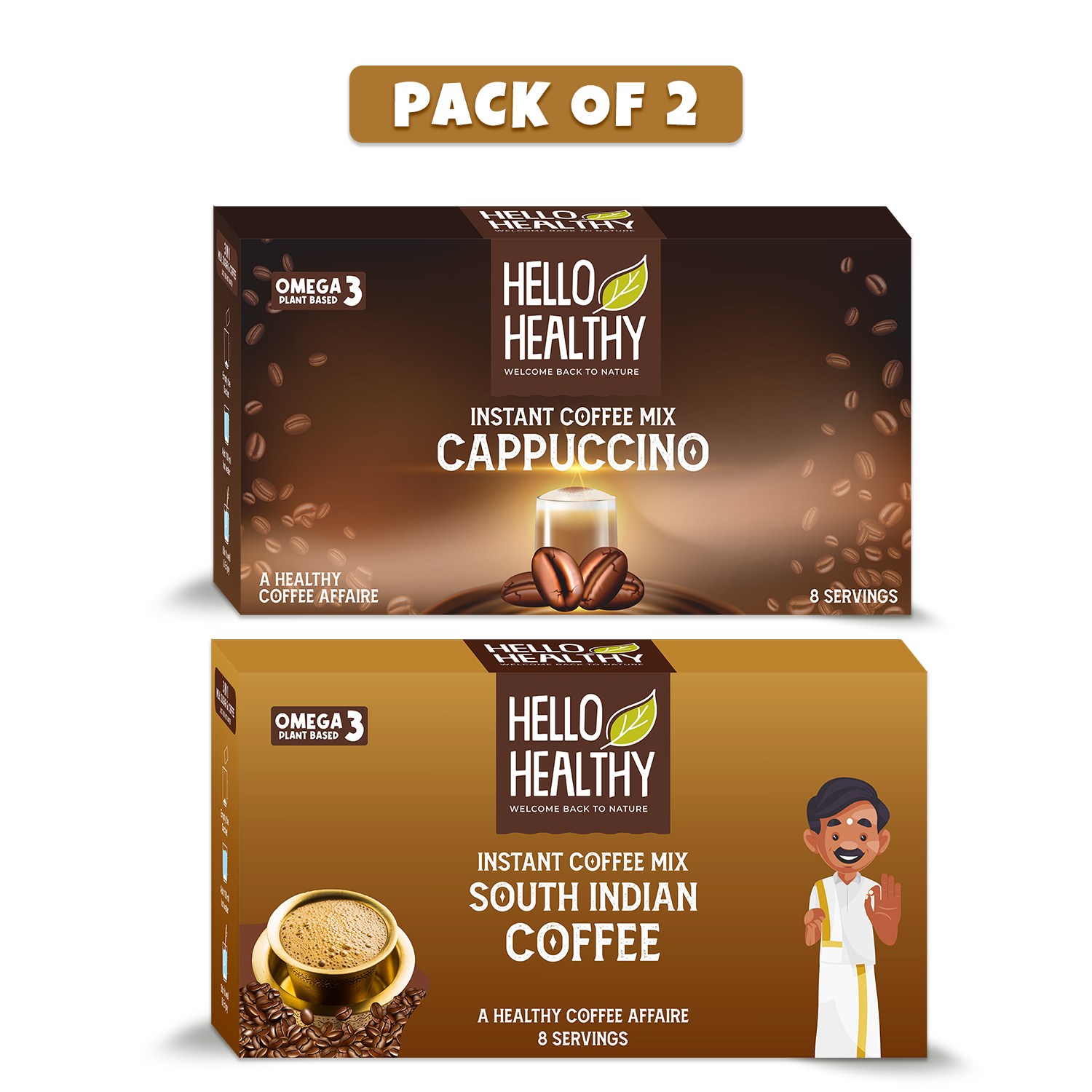 Hello Healthy South Indian & Cappuccino Flavoured Instant Coffee Instant Coffee  Pack of 2 16 Sachets (16 x 17 g, Pure Flavoured)