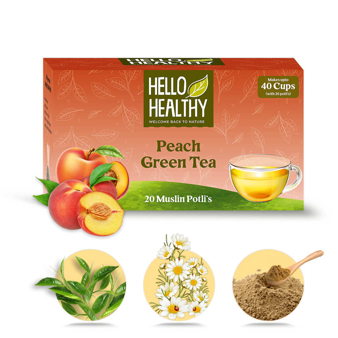 Peach Green Tea Bags Pack of 20 Bags Makes Up to 40 Cups Helps In Constipation , Lowers Blood Sugar & Weight Lose